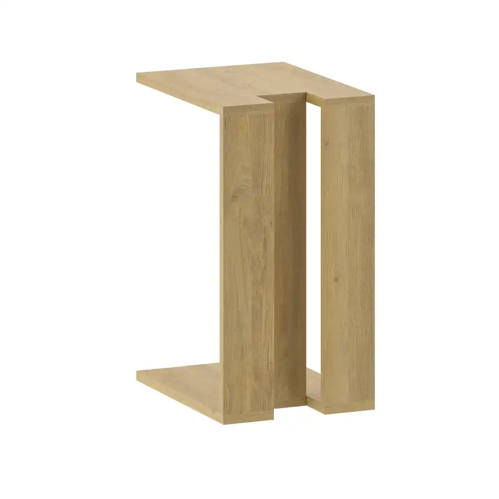 C-shaped side table in oak-look wood with open shelf and top surface