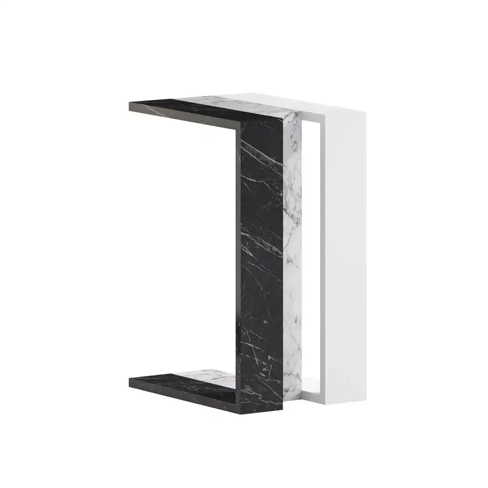 C-shaped side table with black marble-look panel and white frame, two open shelves
