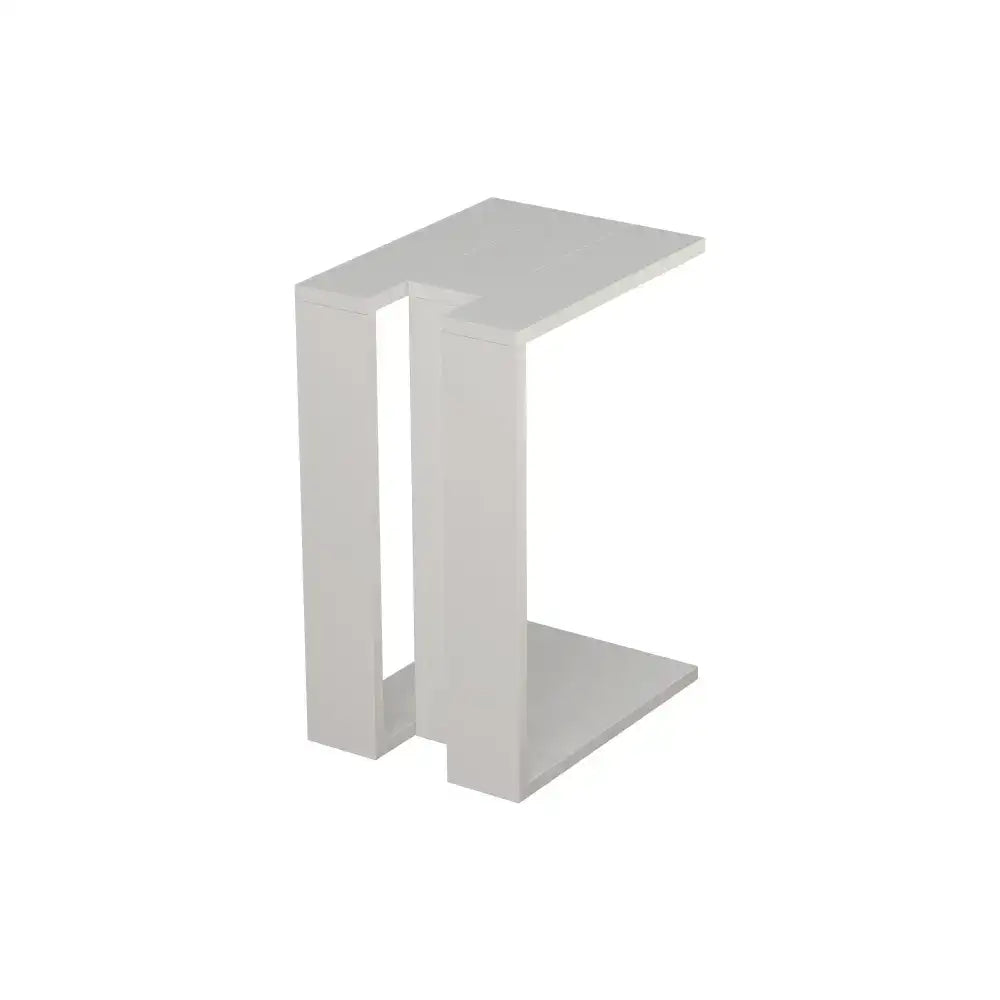 White C-shaped side table with open lower shelf