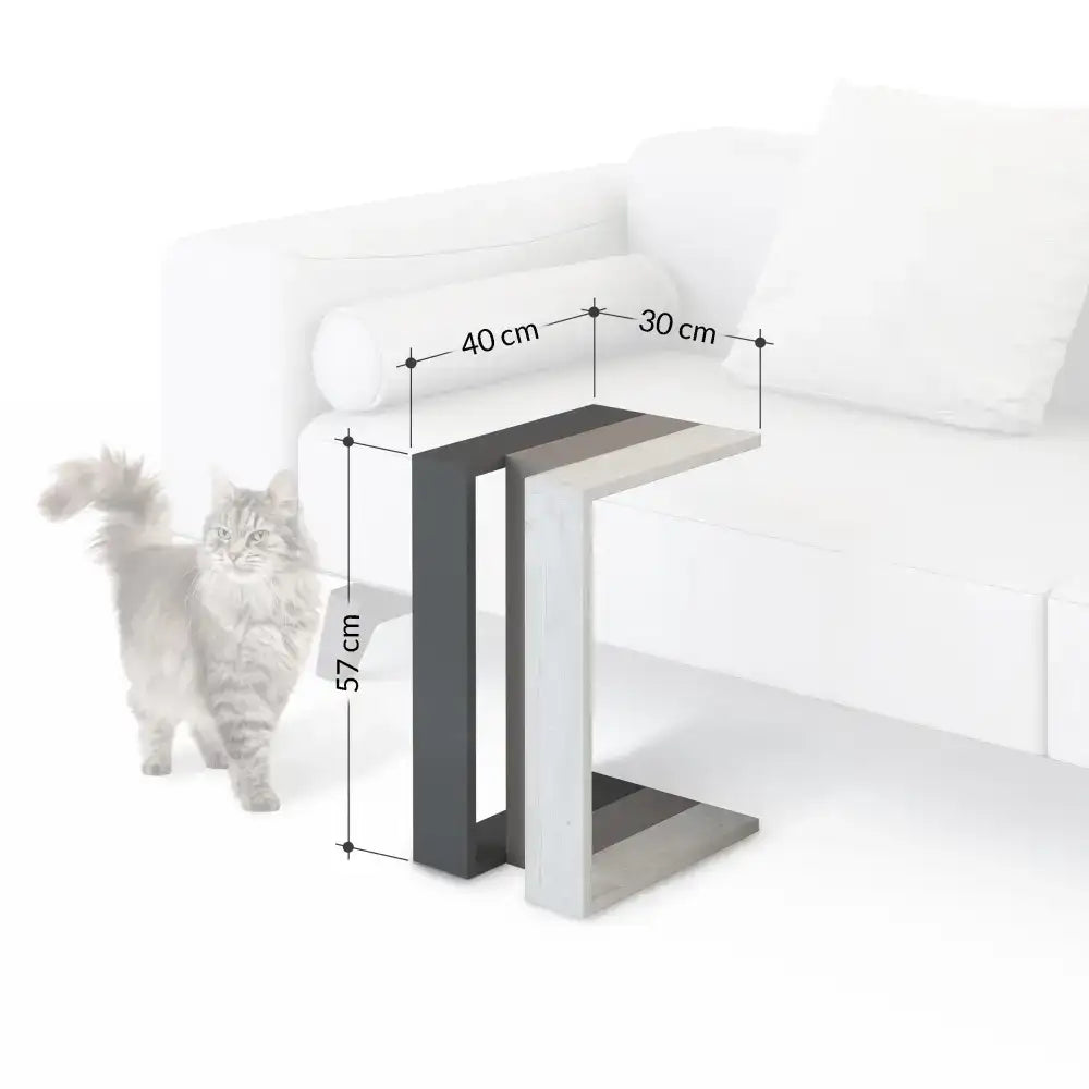 White and dark gray C-shaped side table with open lower shelf