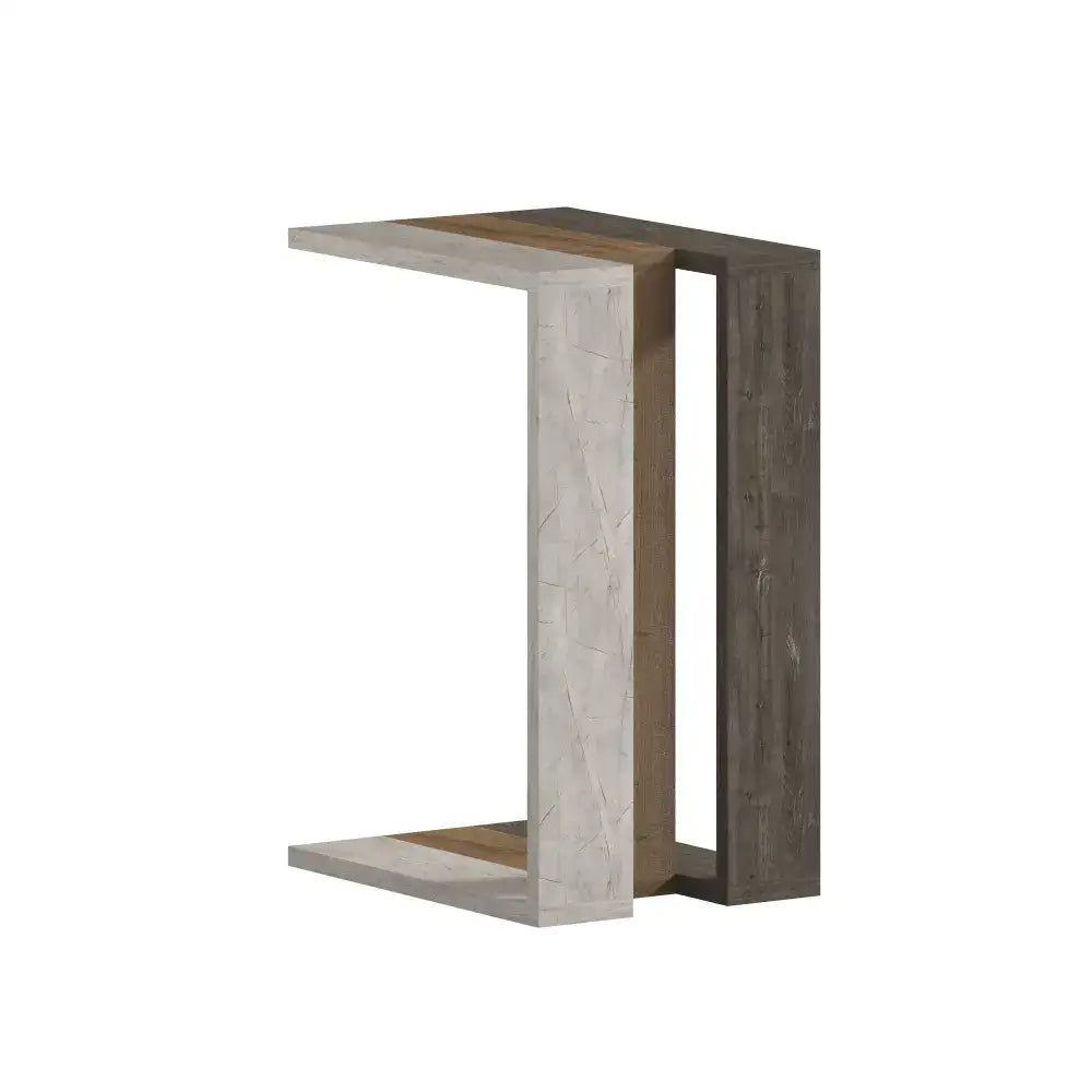 C-shaped side table with pale oak-look and dark wood-look panels, open shelves