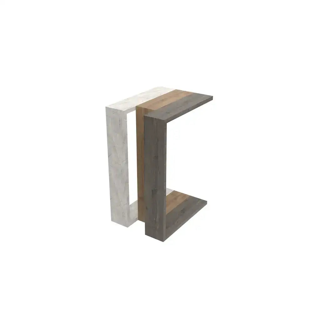 C-shaped side table with light and dark wood-look panels and open shelf