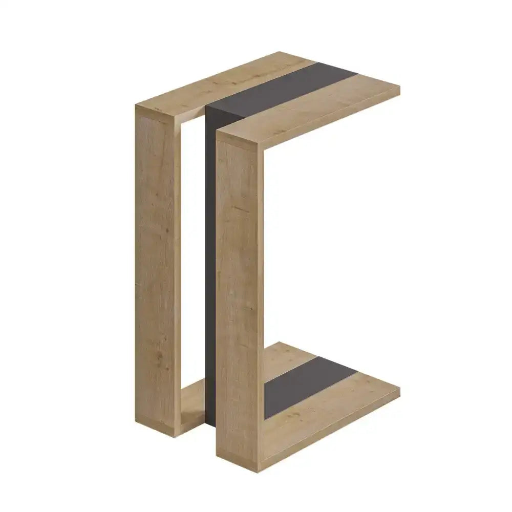 Light oak and dark gray C-shaped side table with open lower shelf