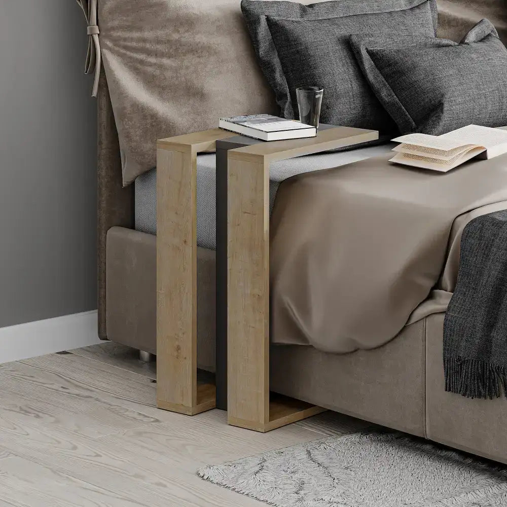 Oak C-shape side table with slim rectangular top and angled open base