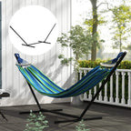 Black metal hammock stand with attached spreader frame holding a hanging hammock