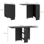 Black drop-leaf dining table with two-tier shelf, shown in multiple folded positions