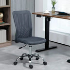 Dark grey armless mesh office chair with padded seat, swivel base, and height lever.