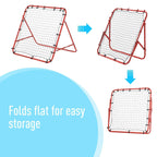 Red kickback goal rebounder that folds flat for storage, showing compact net frame