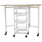 White kitchen cart trolley with oak top, three wire baskets, and rolling caster wheels