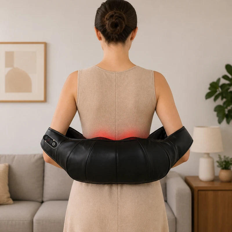 Black U-shaped neck and shoulder massager wrap worn around the shoulders with red heat glow