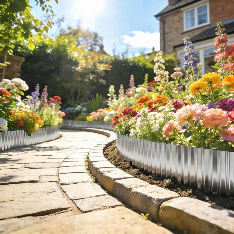 Silver corrugated steel edging border curved around a paved walkway next to flowers