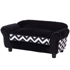 Black pet sofa bed with padded armrests and chevron cushion in white and black