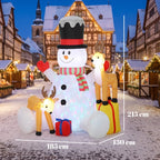Inflatable snowman with two reindeer and gift, LED-lit decorations with red hat and scarf