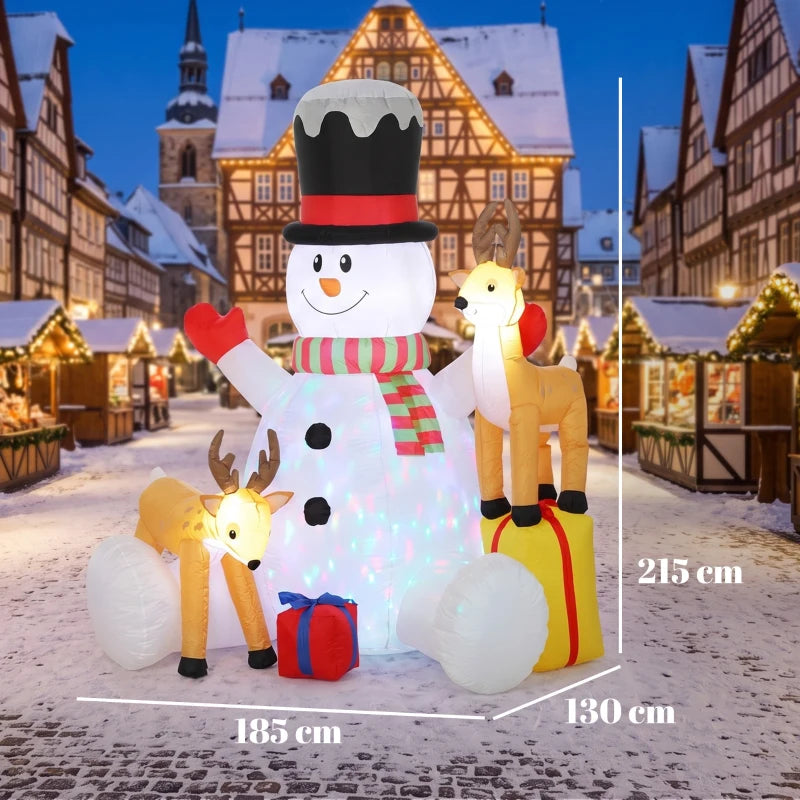 Inflatable snowman with two reindeer and gift, LED-lit decorations with red hat and scarf