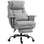 Grey linen-look office chair with tall back, lumbar support, wide cushioned seat