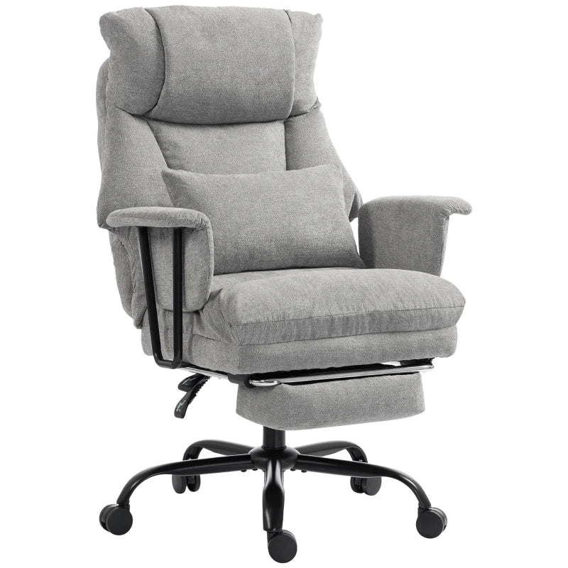 Grey linen-look office chair with tall back, lumbar support, wide cushioned seat