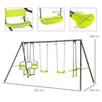 Green metal swing frame with two swing seats, glider seat, and four rope hangers.