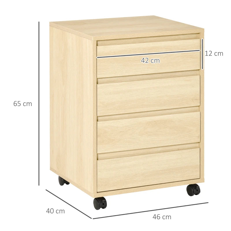Natural wood four-drawer filing cabinet on wheels, with visible size markings