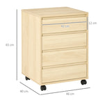 Natural wood four-drawer filing cabinet on wheels, with visible size markings