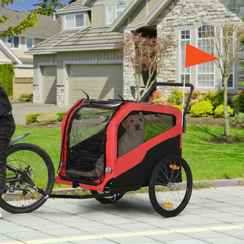Red and black pet stroller bike trailer with side mesh panels and rear wheel