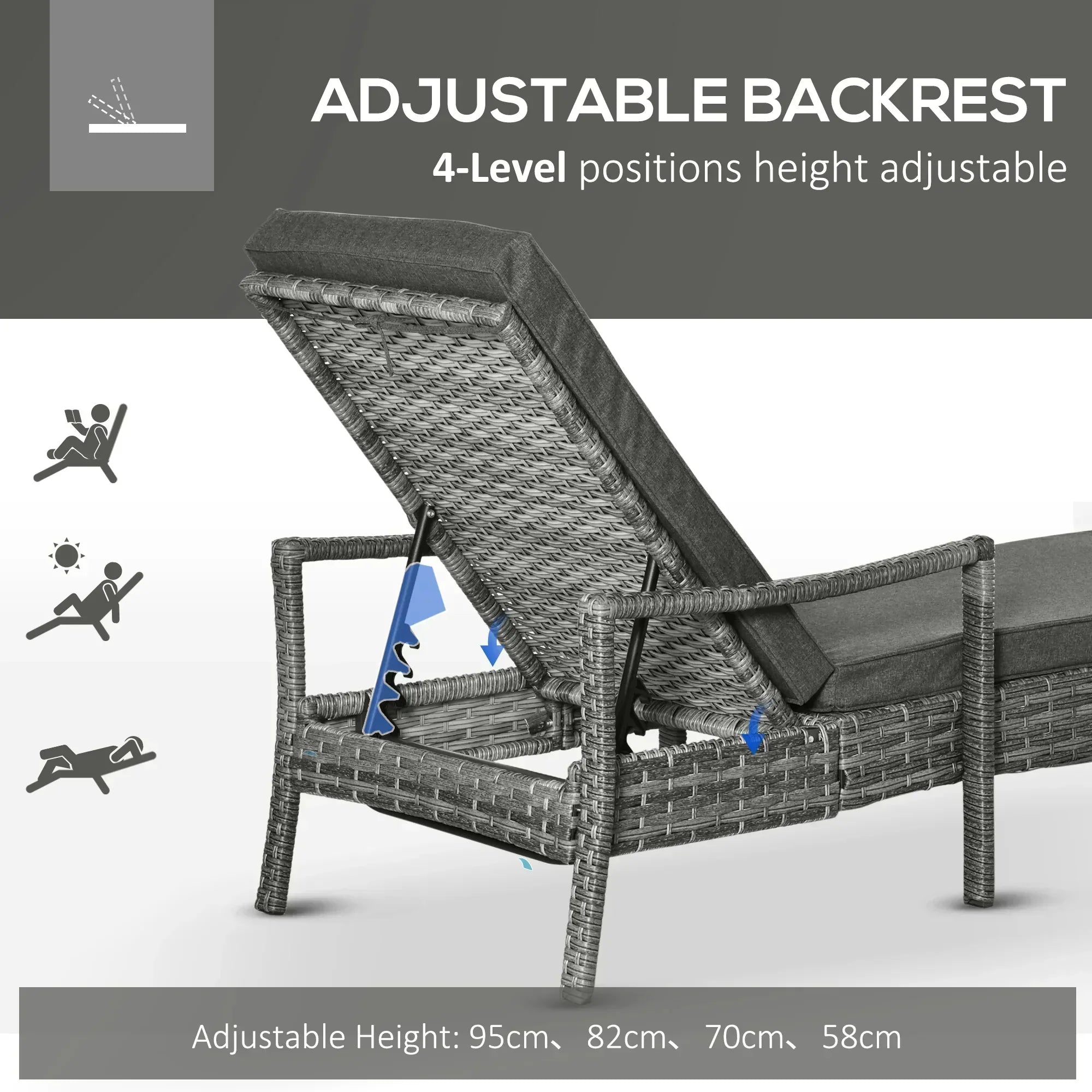 Patio Rattan Sun Lounger, Dual Wicker Weave Outdoor Single Reclining Chair Furniture, 5-Level Adjustable Backrest w/ Removeable & Washable Cushion, Mixed Grey - Bobobiy