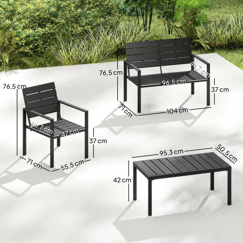 Black slatted outdoor seating set with metal frames, shown with labeled measurements.