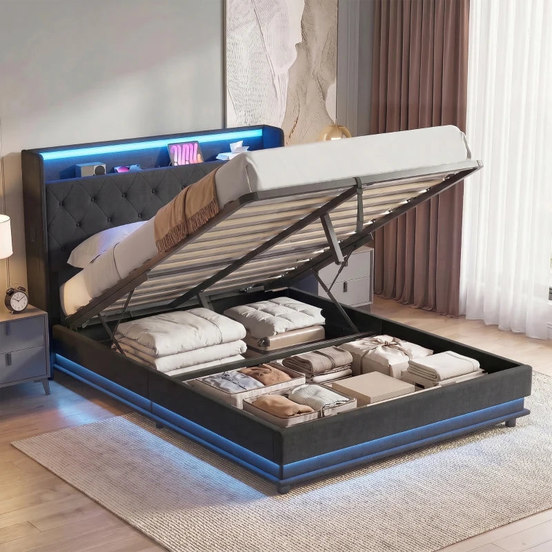 Black hydraulic storage bed frame with tufted headboard and blue LED light strip