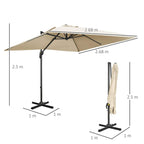 Cream square cantilever parasol with labeled dimensions, tilt crank pole and cross base