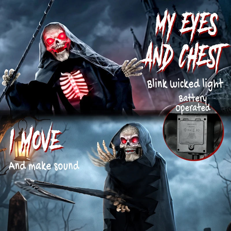 Hooded grim reaper animatronic with red glowing skull, skeletal chest lights, and guitar-like scythe