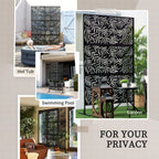 Black metal privacy screen with willow-leaf pattern in garden patio setting