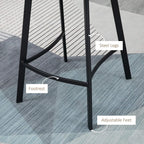 Black metal bar stool legs with footrest and adjustable feet, close-up