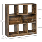 Rustic brown 3-tier bookcase with open cube compartments, front view with size markers