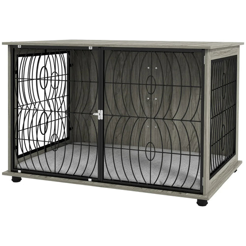 Grey dog crate end table with black wire doors and plush washable cushion