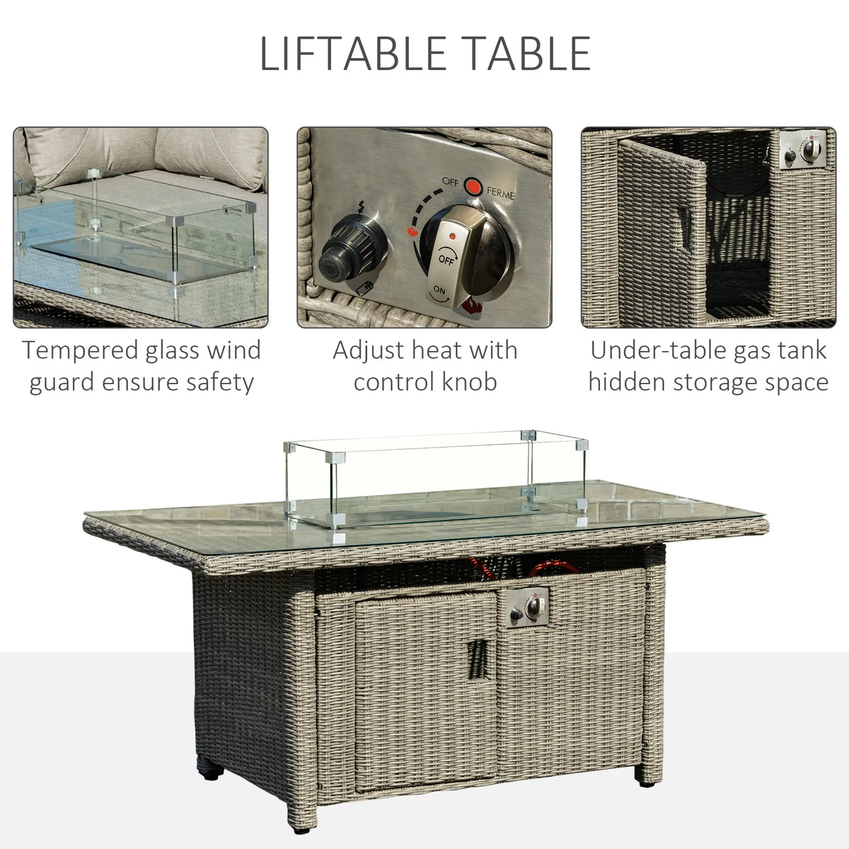 Rattan fire pit table with glass wind guard, control knob and concealed tank storage