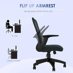 Grey office chair with flip-up armrests and padded seat, armrests shown raised