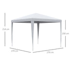 White gazebo canopy tent with four legs and peaked roof, shown with size diagram