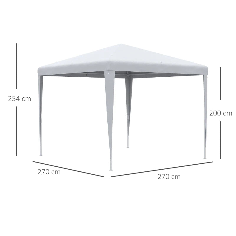 White gazebo canopy tent with four legs and peaked roof, shown with size diagram