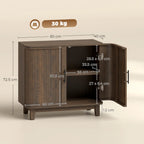 Dark walnut sideboard cabinet with doors open, showing interior storage compartments