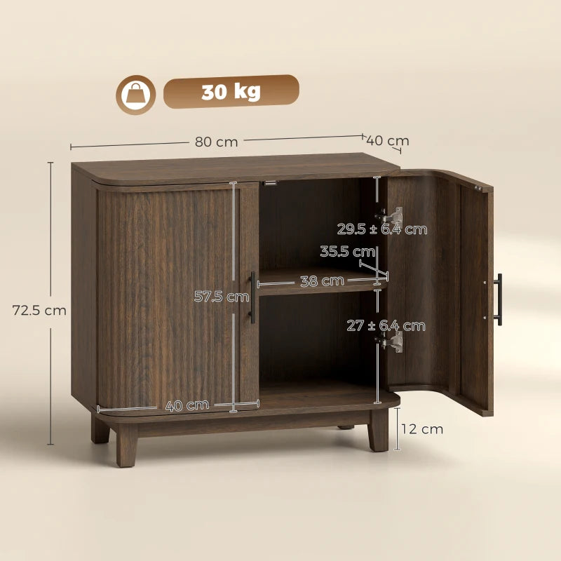 Dark walnut sideboard cabinet with doors open, showing interior storage compartments
