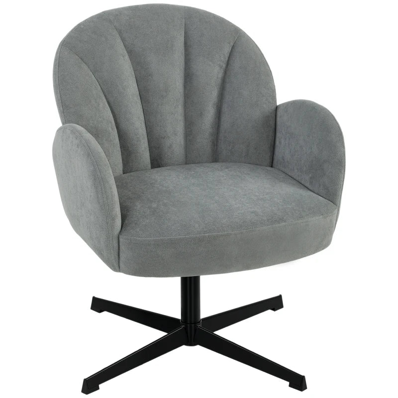 Grey shell-shaped swivel accent chair with spring seat cushion and black metal base