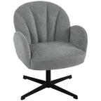 Grey shell-shaped swivel accent chair with spring seat cushion and black metal base