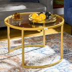 Gold round coffee table with tempered glass top and open lower support frame