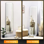 Tall LED mirror showing wall-hanging and floor-standing setup, black frame