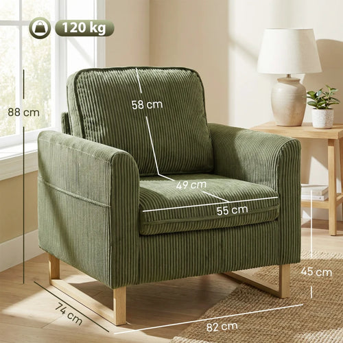 Green striped corduroy armchair with thick seat cushion and light wood legs