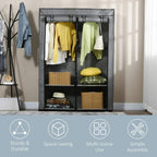 Light grey fabric wardrobe with hanging rail and four shelves, fabric cover enclosure