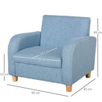 Blue high-back toddler armchair with armrests and wooden legs, dimensions shown