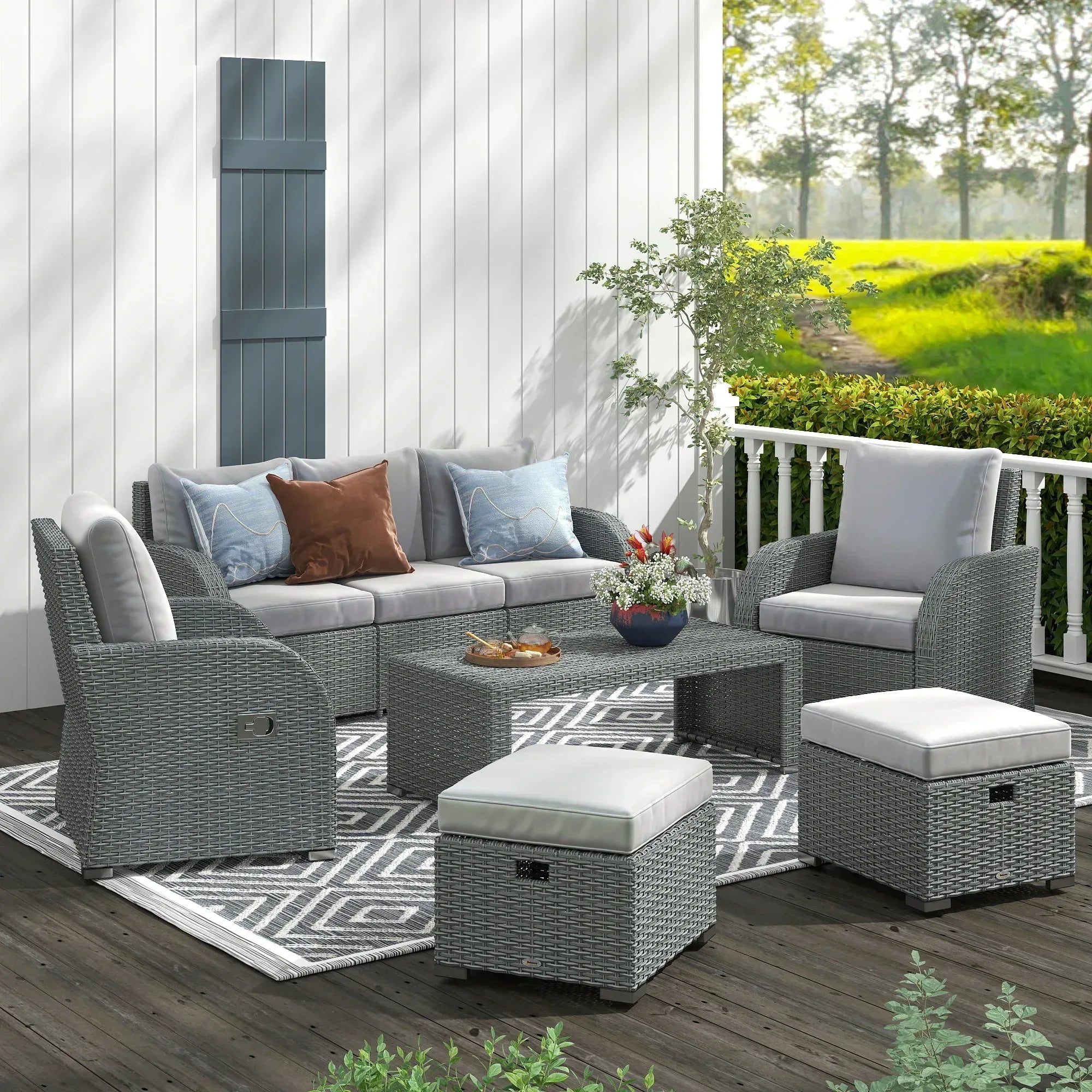 Six-piece Outdoor Rattan Dining Set, Outdoor Sofa Set with Reclining Armchairs and Mental Frame, Grey - Bobobiy
