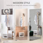 Hallway coat rack storage bench with natural bamboo hooks and white cubby base