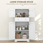 White freestanding kitchen cabinet with open shelves holding kitchen appliances and supplies