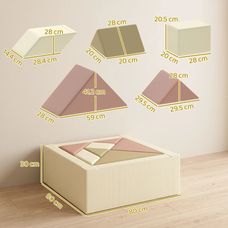 Foam climbing blocks pieces in beige with pink and cream panels, arranged in a play layout